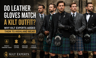 Men wearing leather gloves with traditional Scottish tartan kilt outfits
