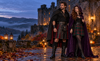Man and woman wearing gothic Highland and tartan kilt Halloween outfits outside a Scottish castle