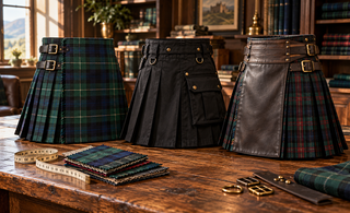 Three kilt styles on a tailor's table illustrating kilt price and quality factors