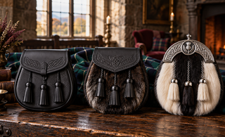 Day, semi-dress and full-dress sporrans displayed with green tartan in a Scottish manor