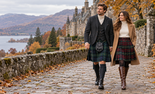 Man and woman wearing layered tartan kilt outfits in an autumn Scottish Highland setting