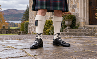 Black ghillie brogues tied neatly over cream kilt hose with a tartan kilt