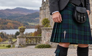 Correct kilt pin placement on the lower right outer apron of a green and navy tartan kilt