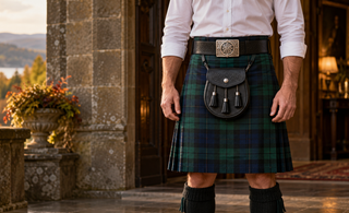 Centered Celtic buckle on a wide black leather kilt belt worn with a green tartan kilt
