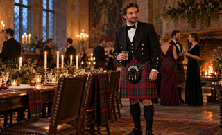 Man in formal Highland dress at an elegant Burns Night supper
