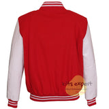Red Wool Blend Varsity Jacket with White Leather Sleeves – Men’s Baseball Bomber Jacket with Red & White Ribbed Trim and Stainless Snap Buttons Kilt Experts