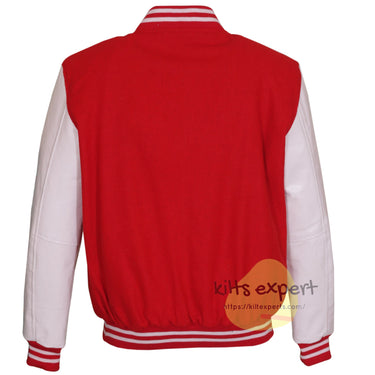Red Wool Blend Varsity Jacket with White Leather Sleeves – Men’s Baseball Bomber Jacket with Red & White Ribbed Trim and Stainless Snap Buttons Kilt Experts
