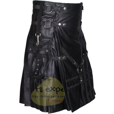 Black Genuine Cowhide Leather Kilt with Large Cargo Pockets - Kilt Experts