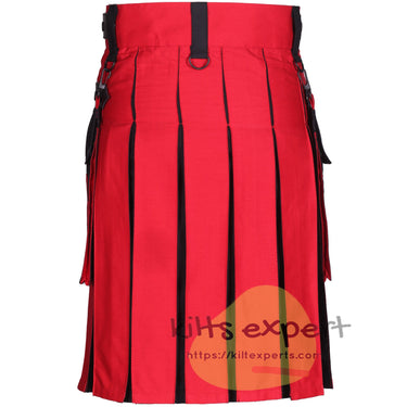 Black Hybrid Kilt with Red Pleats & Cross Design – Utility Kilt with Detachable Pockets - Kilt Experts