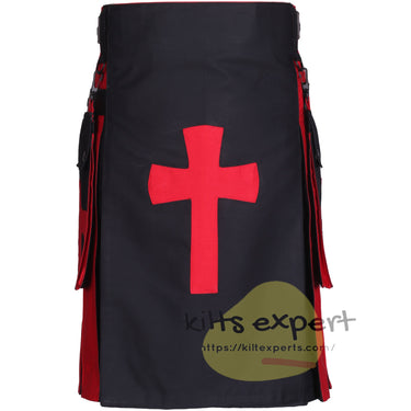 Black Hybrid Kilt with Red Pleats & Cross Design – Utility Kilt with Detachable Pockets - Kilt Experts