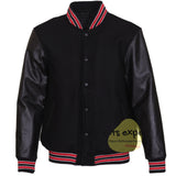 Black Varsity Jacket with Leather Sleeves – Wool Blend Body Baseball Bomber Jacket with Acrylic Ribbed Collar & Snap Buttons for Men - Kilt Experts