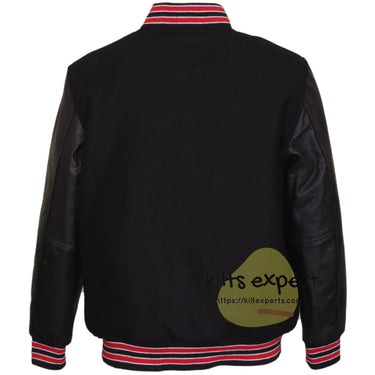 Black Varsity Jacket with Leather Sleeves – Wool Blend Body Baseball Bomber Jacket with Acrylic Ribbed Collar & Snap Buttons for Men - Kilt Experts