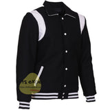 Black Wool Blend Varsity Jacket with White Shoulder Panels – Baseball Bomber Jacket with Black & White Ribbed Trim and White Snap Buttons - Kilt Experts