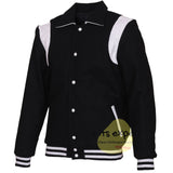 Black Wool Blend Varsity Jacket with White Shoulder Panels – Baseball Bomber Jacket with Black & White Ribbed Trim and White Snap Buttons - Kilt Experts