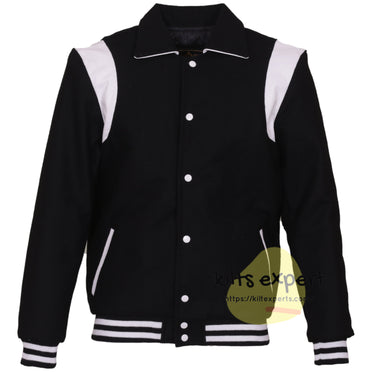 Black Wool Blend Varsity Jacket with White Shoulder Panels – Baseball Bomber Jacket with Black & White Ribbed Trim and White Snap Buttons - Kilt Experts