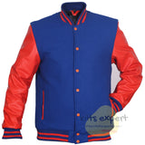 Blue Wool Blend Varsity Jacket with Orange Leather Sleeves – Men’s Baseball Bomber Jacket with Blue & Orange Ribbed Collar, Cuffs & Hem - Kilt Experts