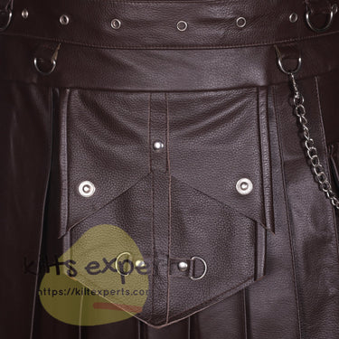 Chocolate Brown Gothic Cowhide Leather Kilt – Utility Kilt with Pockets & Chains - Kilt Experts