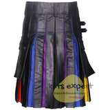 Cowhide Leather Hybird Kilt With Rainbow Cotton Pleats - Kilt Experts