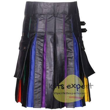 Cowhide Leather Hybird Kilt With Rainbow Cotton Pleats - Kilt Experts