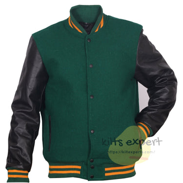 Green Wool Blend Varsity Jacket with Black Leather Sleeves – Men’s Baseball Bomber Jacket with Green & Yellow Ribbed Collar, Cuffs & Hem - Kilt Experts