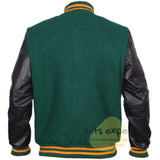 Green Wool Blend Varsity Jacket with Black Leather Sleeves – Men’s Baseball Bomber Jacket with Green & Yellow Ribbed Collar, Cuffs & Hem - Kilt Experts