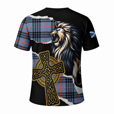 MacKay Blue Ancient Tartan Print T-Shirt – Scottish Lion & Celtic Cross Round Neck - Available In Various Tartans
