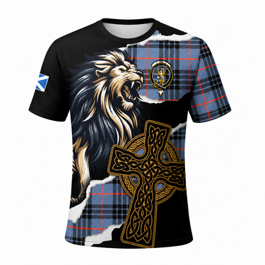 MacKay Blue Ancient Tartan Print T-Shirt – Scottish Lion & Celtic Cross Round Neck - Available In Various Tartans