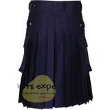 Navy Blue Leather Straps Utility Kilt Outfit - Complete 7 - Piece Set for Active Men - Kilt Experts