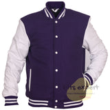 Purple Wool Blend Varsity Jacket with White Leather Sleeves – Men’s Baseball Bomber Jacket with Purple & White Ribbed Trim and Stainless Snap Buttons - Kilt Experts