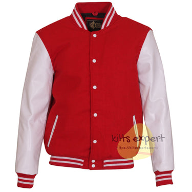 Red Wool Blend Varsity Jacket with White Leather Sleeves – Men’s Baseball Bomber Jacket with Red & White Ribbed Trim and Stainless Snap Buttons - Kilt Experts