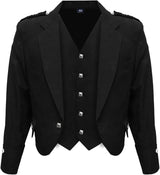 Scottish Black Argyll Kilt Jacket With Vest 15 Oz Finest Barathea Wool Fabric With Vest Gauntlet Style Cuffs - Kilt Experts