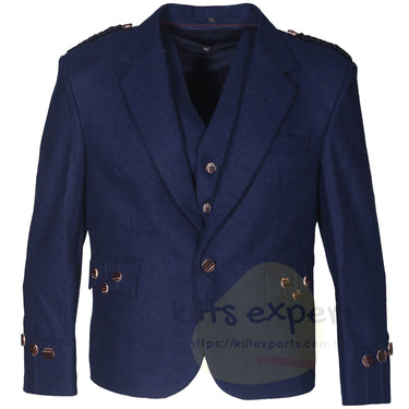 Scottish Dark Blue Argyll Kilt Jacket With Vest | Wool Fabric Highland Formal Wear - Kilt Experts