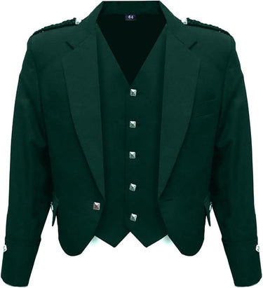 Scottish Dark Green Argyll Kilt Jacket With Vest 15 Oz Finest Barathea Wool Fabric With Vest Gauntlet Style Cuffs - Kilt Experts