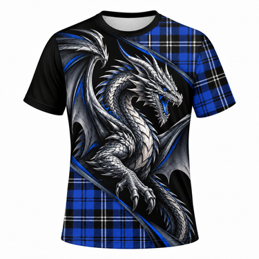Silver Dragon Tartan Print Polyester T-Shirt – Round Neck, Available in Various Tartans