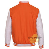 Varsity Letterman Orange Wool & White Genuine bomber Leather Sleeves college Jacket - Kilt Experts