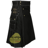 Black 4 Button Stylish Kilt With White Thread Kilt Experts