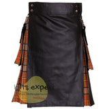 Black Cowhide Leather Hybird Kilt With Box Pleated - Kilt Experts