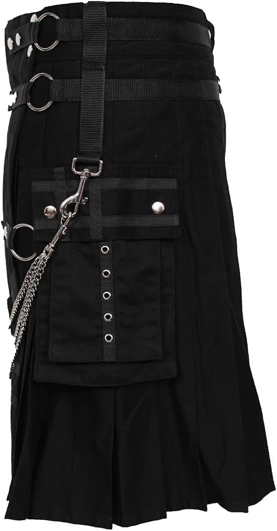 Black Deluxe Utility Fashion Kilt with Chain 100% Cotton 16-oz Heavy Fabric - Kilt Experts