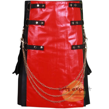 Black Fashion Leather Kilt With Red Apron And Chain Kilt Experts