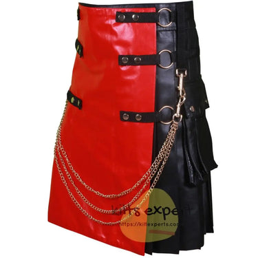 Black Fashion Leather Kilt With Red Apron And Chain Kilt Experts