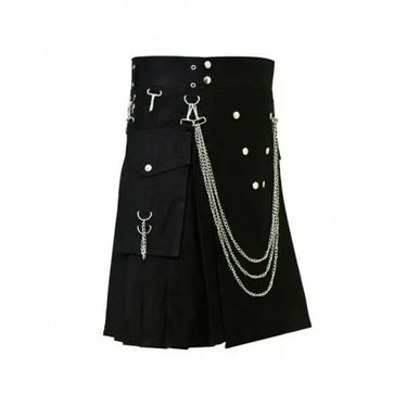 Black Fashionable Utility Kilt With Chains Kilt Experts