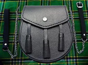 Black Leather Basic Three Teasal Sporran For Men With Chain Belt Kilt Experts