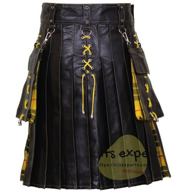 Black Men's Wedding Leather Kilt With Different Tartans In Few Pleats - Kilt Experts