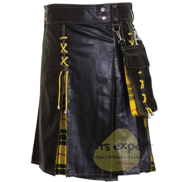 Black Men's Wedding Leather Kilt With Different Tartans In Few Pleats - Kilt Experts