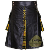 Black Men's Wedding Leather Kilt With Different Tartans In Few Pleats - Kilt Experts