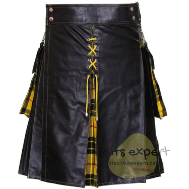 Black Men's Wedding Leather Kilt With Different Tartans In Few Pleats - Kilt Experts