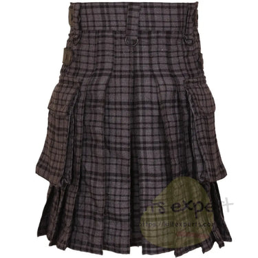 Black Shadow Tartan Heavy 16OZ Leather Straps Utility Kilt - Kilt Experts