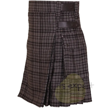 Black Shadow Tartan Heavy 16OZ Leather Straps Utility Kilt - Kilt Experts