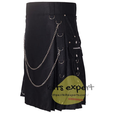 Black Wedding Hybird Kilt In Cotton/Leather - Kilt Experts