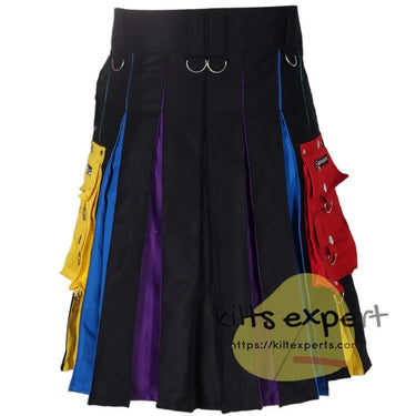 Black Wedding Rainbow Kilt With Stylish Pockets & Chain - Kilt Experts